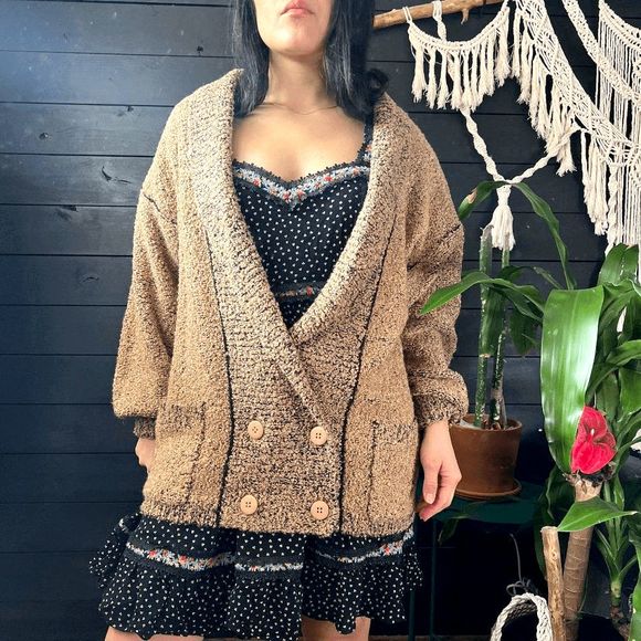 vtg 80s chunky knit camel tan brown‎ cardigan bishop sleeves retro boho medium - Picture 1 of 10